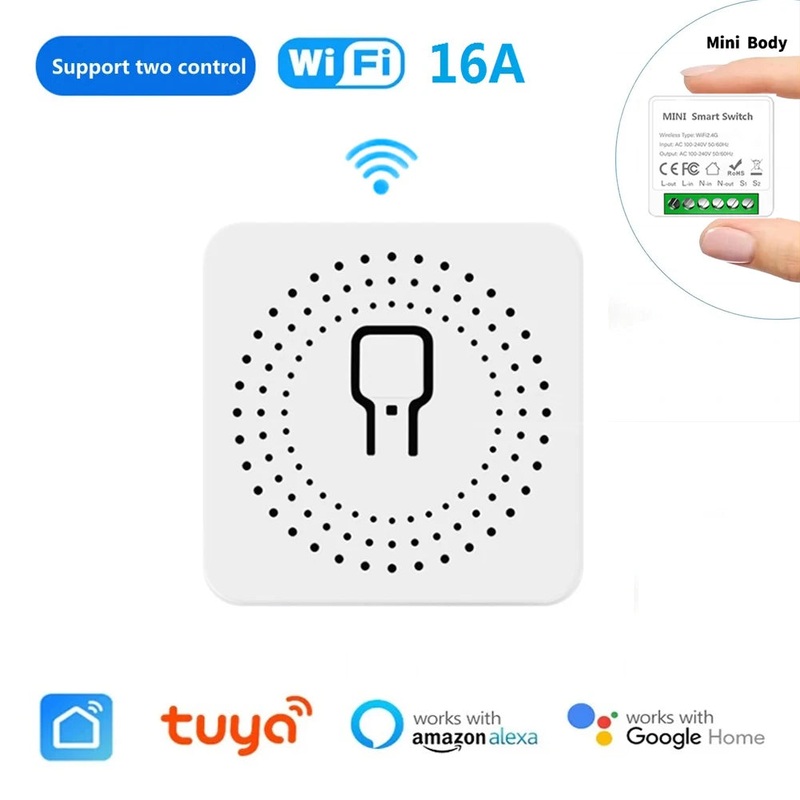 16A Wifi Mini Smart Switch DIY Light Switch 2 Way Wireless Control Smart Home with Tuya Smart Life Alexa Alice Google Home