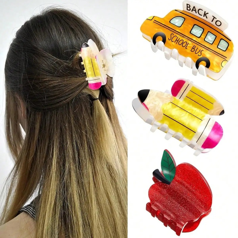 1pc Cartoon Cute Acrylic Cartoon Back to School School Bus, Pencil, Apple, and Calculator Style Hair Clip, Acrylic Hair Claw