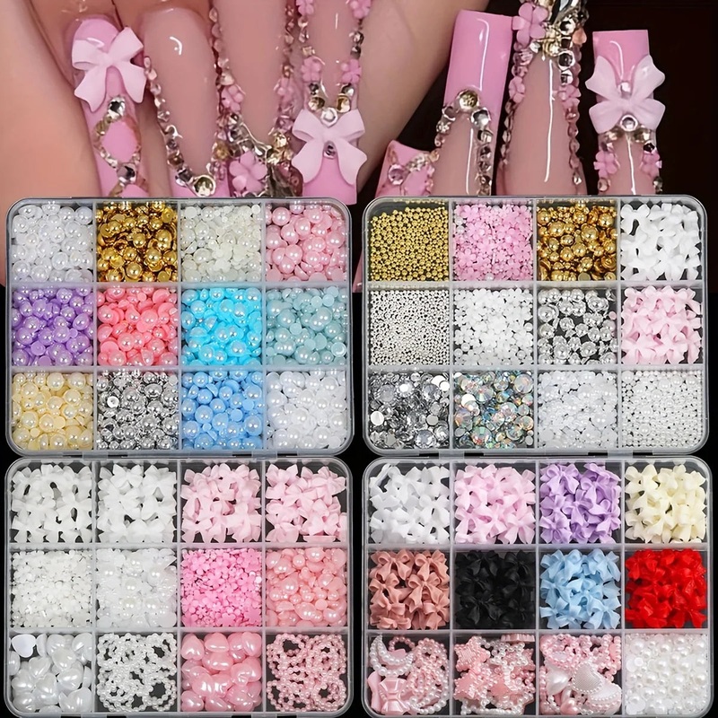 500PCS 3D Nail Art Decoration Kit with Resin Bows, Flat Back Pearls, and Assorted Shapes  Unscented DIY Craft Embellishments