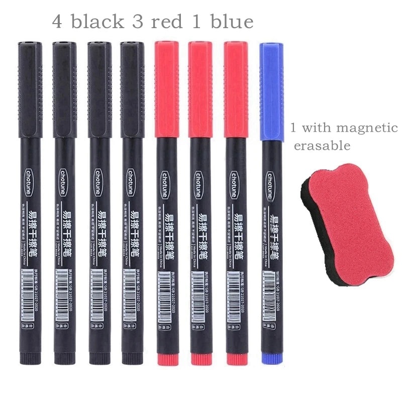 8pcs Erasable Whiteboard Pen 0.5mm Fine Point Black/Blue/Red Ink Blackboard Marker School Office Art Writing Stationery