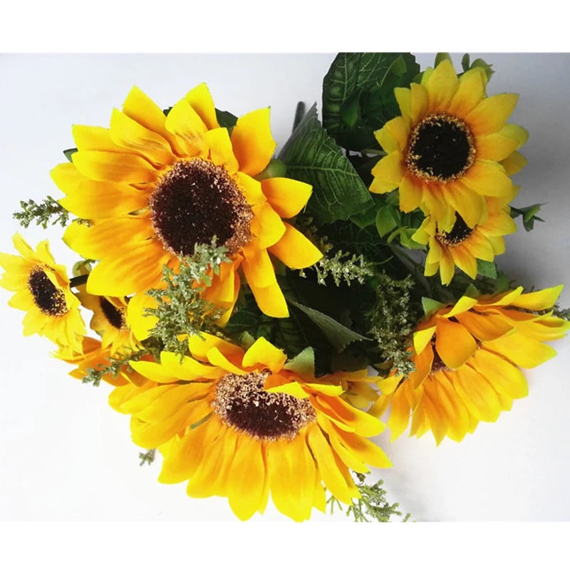 13 Heads Yellow Silk Sunflower Artificial Flowers 7 Branch/Bouquet for Home Office Garden Party Wedding Hotel Decoration A5230