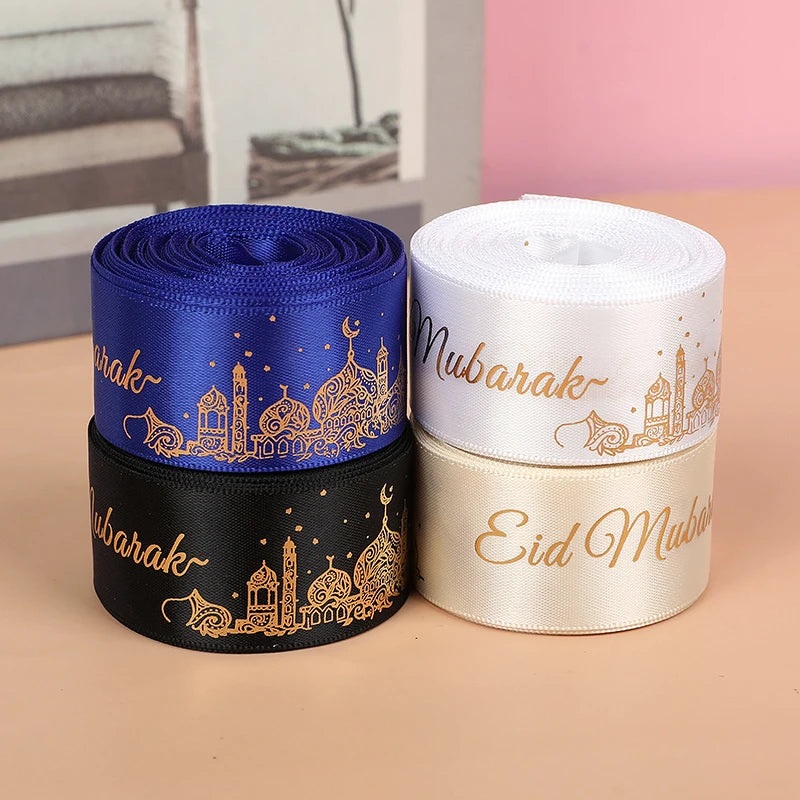 2.5cm 5Yards Eid Mubarak Ribbon Gift Box Wrapping Decoration DIY Bow 2025 Islamic Muslim Festival Party Supplies Ramadan Kareem
