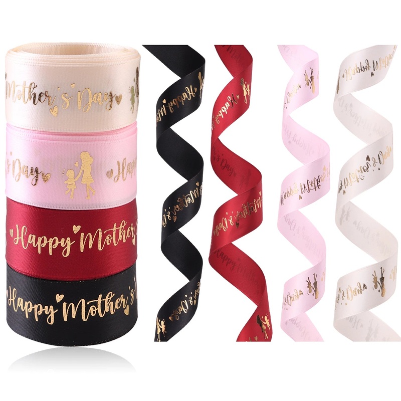 5 Yards Happy Mother’s Day Ribbon, Pink Red Ribbon for Gift Wrapping, Satin Ribbon for Flower Bouquet Moms Birthday Day Thank