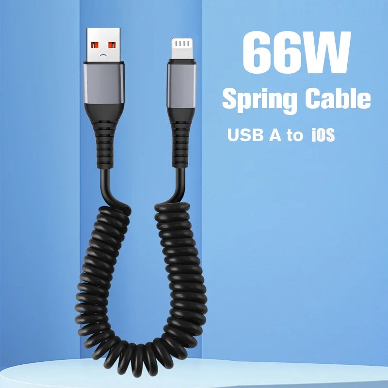 66W Spring Stretch Fast Charging Cable USB A to Lighting For iPhone 14 13 12 11 Pro Max X XS 8 7 iPad 9 Data Cable Accessories