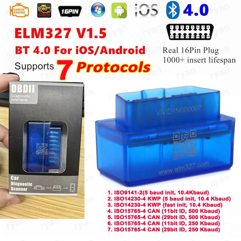 7 Protocols ELM327 V1.5 Bluetooth OBD2 Scanner ELM 327 V1.5 Work On Android IOS Car Diagnostic Tool OBD II Code Reader
