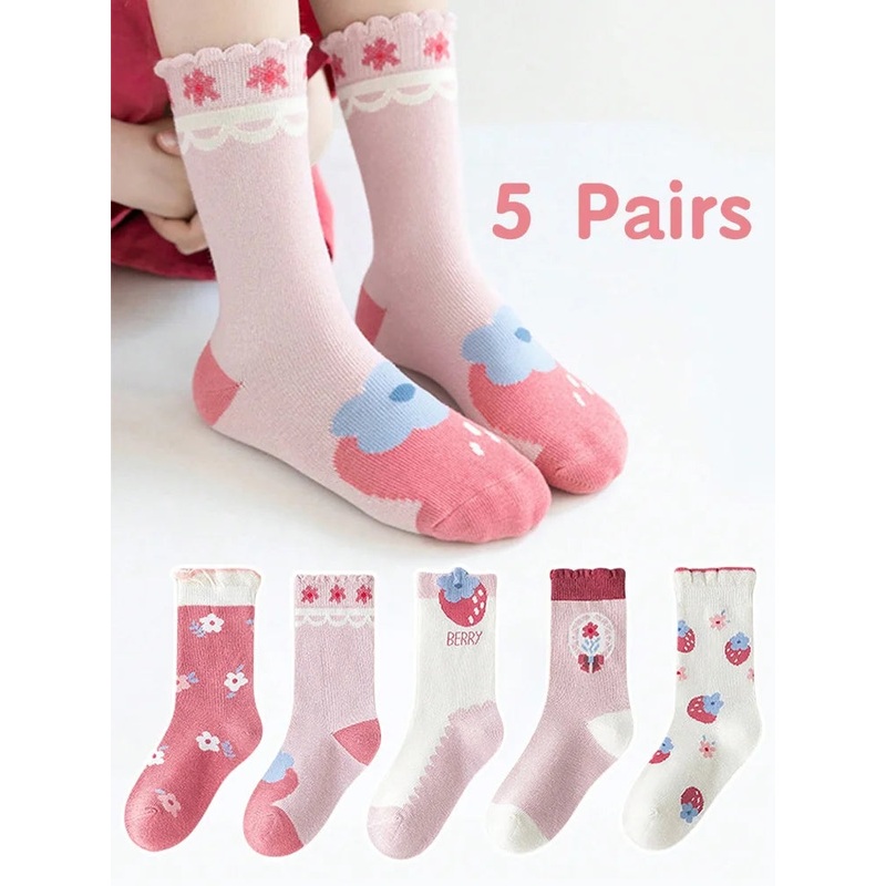 5 Pairs of Girls’ Socks That Can Be Worn in Spring and Summer, Strawberry Autumn and Winter Baby Socks, Soft Mid-calf Socks
