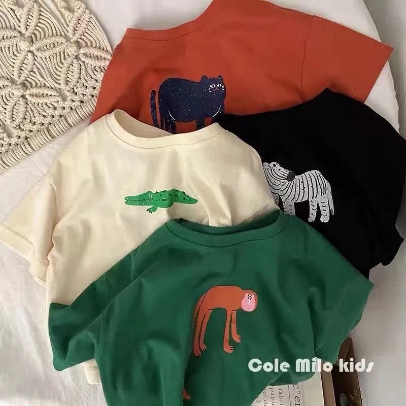Animal Pattern Baby Boys Girls Short Sleeve Tops Kids Tees Summer Clothing Loose Fashion Trendy Children’s Wear T-shirt O-neck