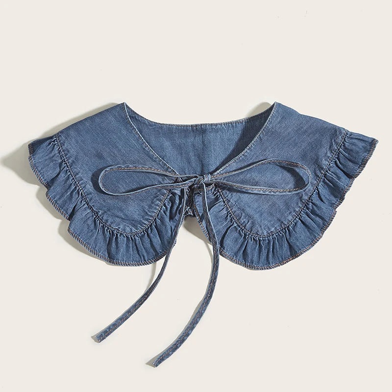 Women’s Washed Denim Shawl Collar with Pleated Lace and Fashionable Fake Collar