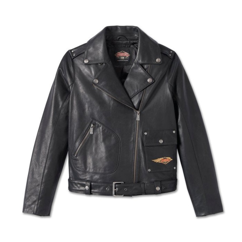 Harley-Davidson Women’s 120th Anniversary D-Pocket Biker Leather Jacket – Black