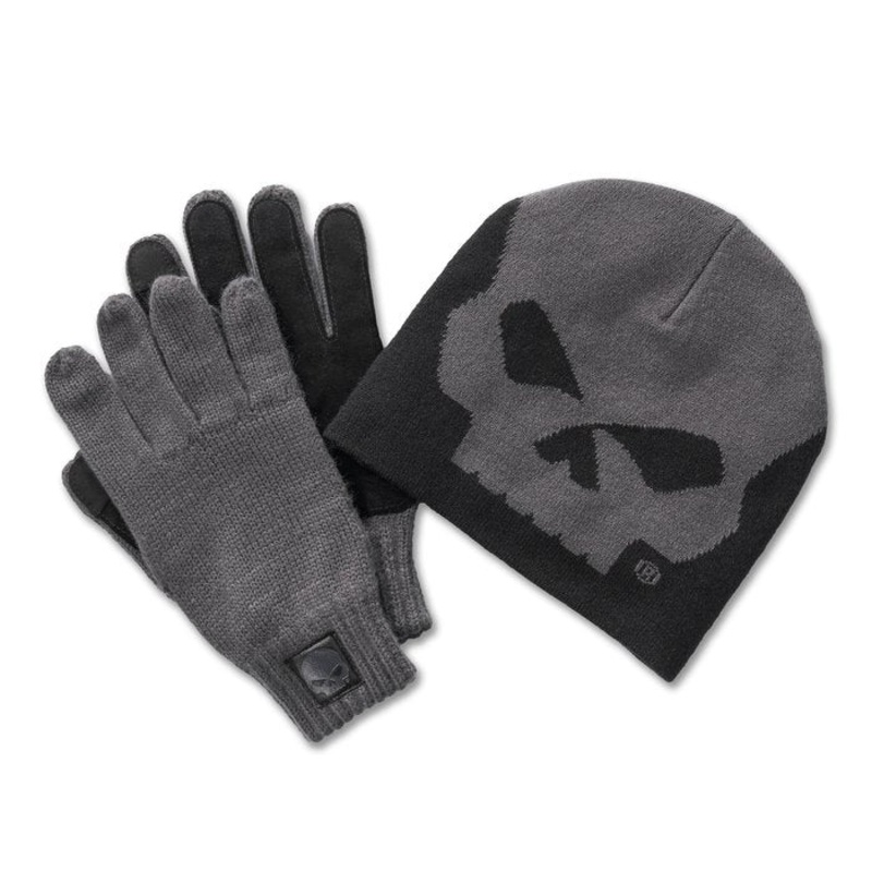 Harley-Davidson Willie G Skull Beanie and Glove Gift Set – Blackened Pearl
