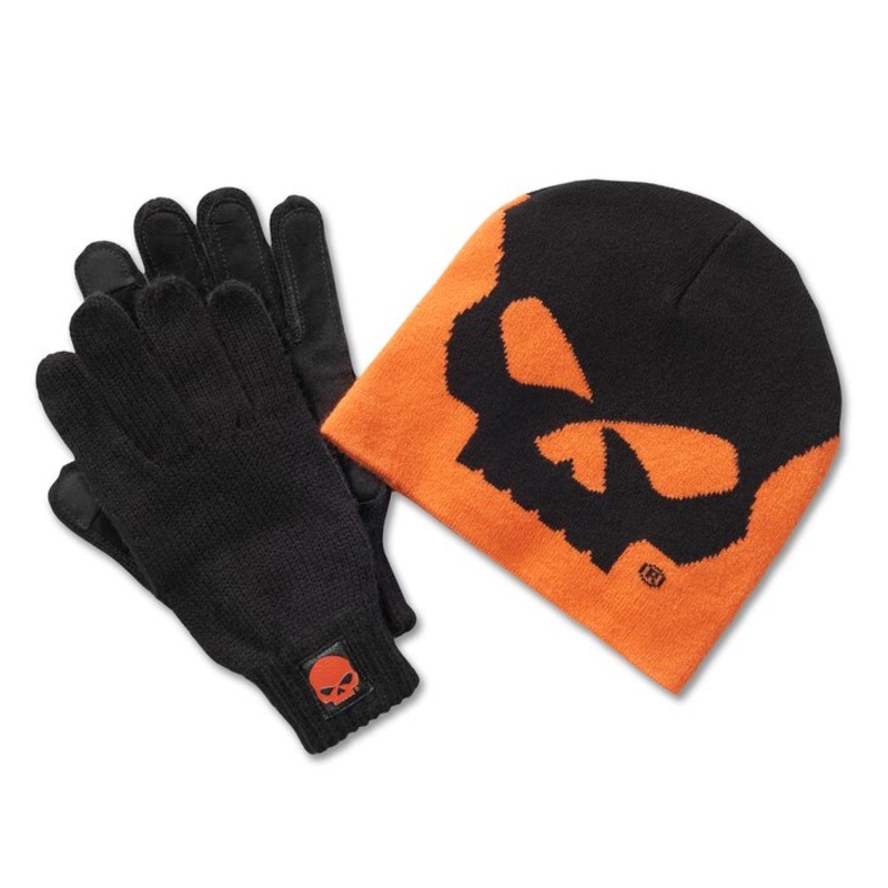 Willie G Skull Beanie and Glove Gift Set – Harley Orange