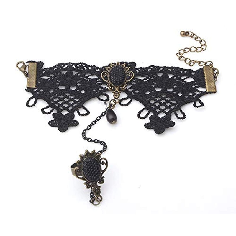 Electomania Black Lacy Hand Harness with Finger Ring Bracelet for Women