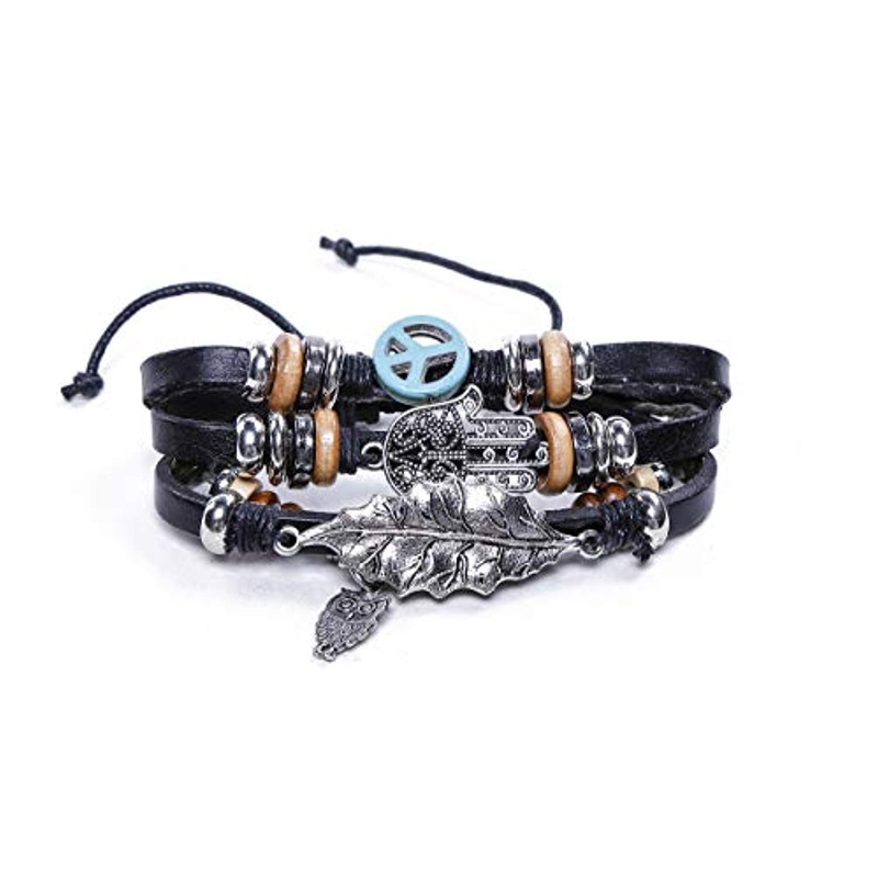 Electomania Black Leather Multilayer Hand Peace Owl Leaf Charm Bracelet for Men and Women