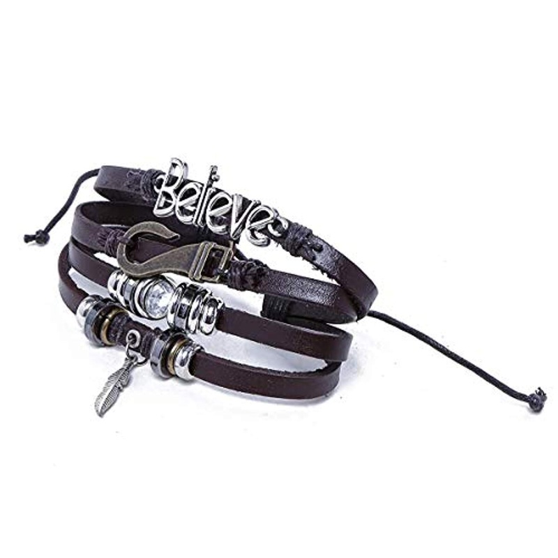 Electomania Multilayer Beads Leaf Charm Unisex Gift Leather Bracelet for Boys Mens (Brown)