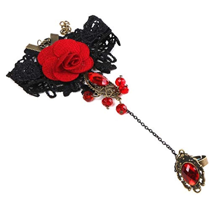 Electomania Red Black Rose Lace with Finger Ring Bracelet for Women (Red)