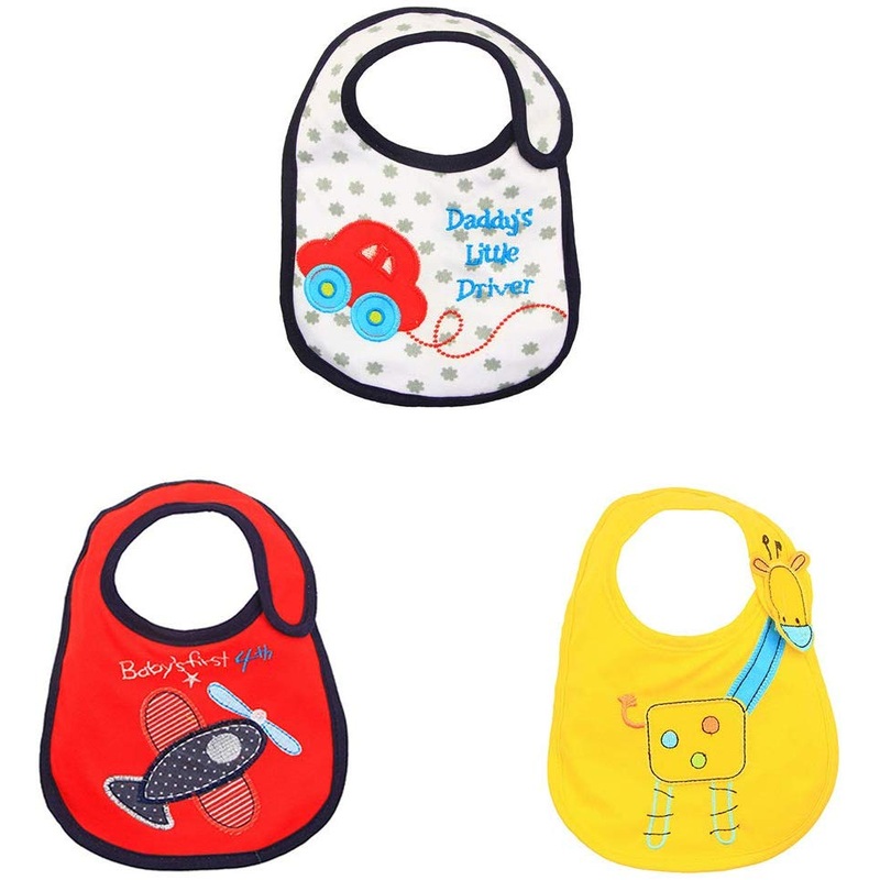 Electomania Soft Cotton Cartoon Printed Baby’s Bibs for Aeroplane, Car and Giraffe (Multicolour) – Pack of 3