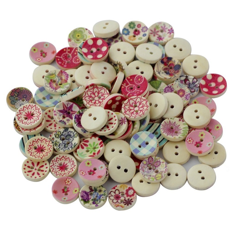 Electomania 100Pcs Painted Colors Round Wooden Buttons for Sewing and Crafting