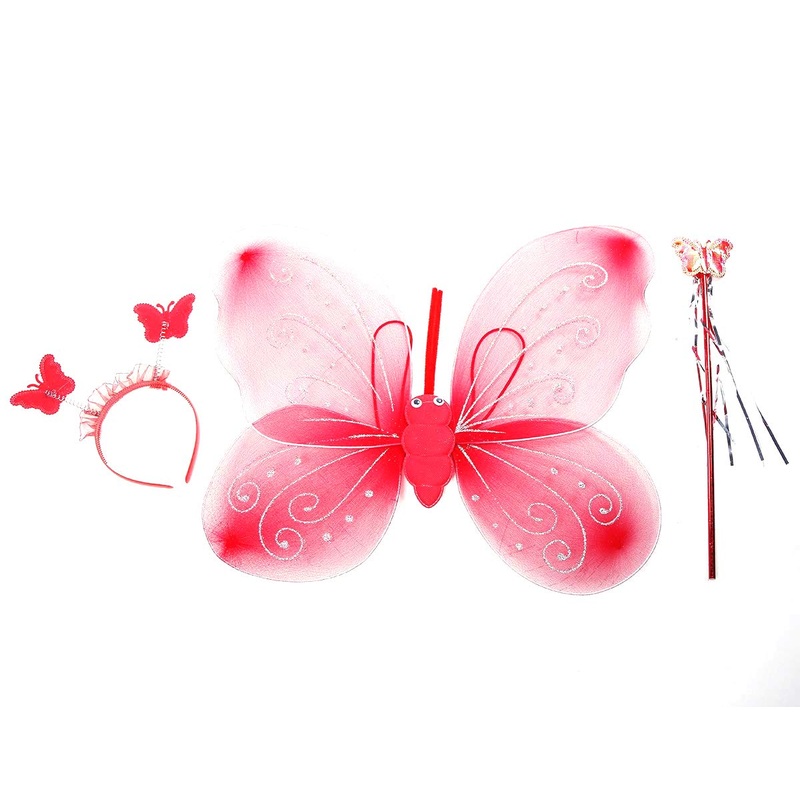 Electomania Butterfly Wings Costume for Baby Girl Angel for Birthday Party 3 in 1 Set (Red)