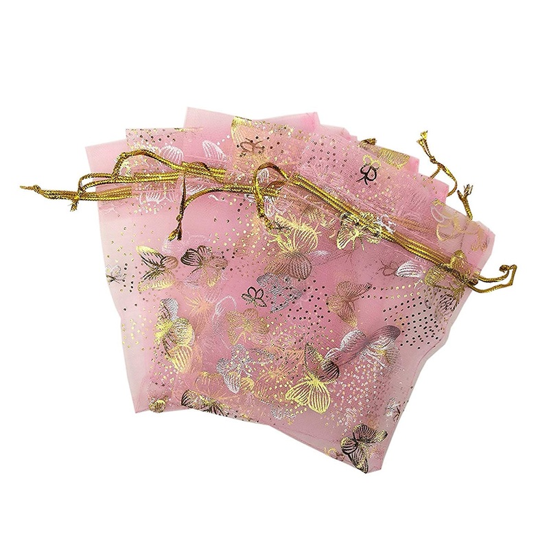 Electomania 100 pcs Organza Pouch Bag Drawstring Strong Gift Candy Bags Jewelry Party Favor (Pink Butterfly)