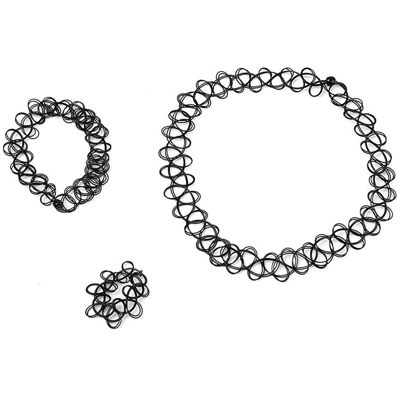 Electomania 3 in 1 Set Lady Braided fishline Tattoo Elastic Necklace Bracelet Ring Decoration, Christmas, Prom Party etcBlack