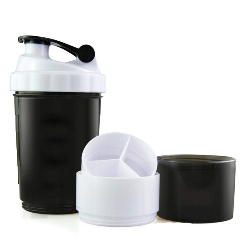 Electomania 500 ml Protein Shaker Gym Bottle with 2 Storage Compartments and 1 Pill TrayBlack White