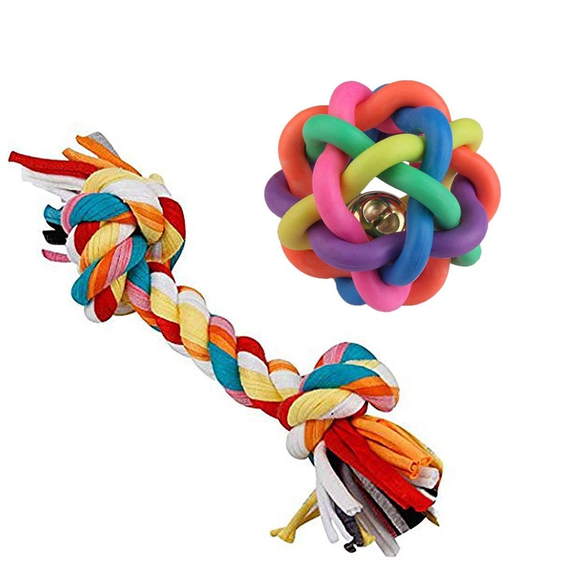 Electomania Squeaky Rainbow Cotton Rubber Ball with Rope Chew Toy Combo for Dog – 2 in 1 – Multicolor