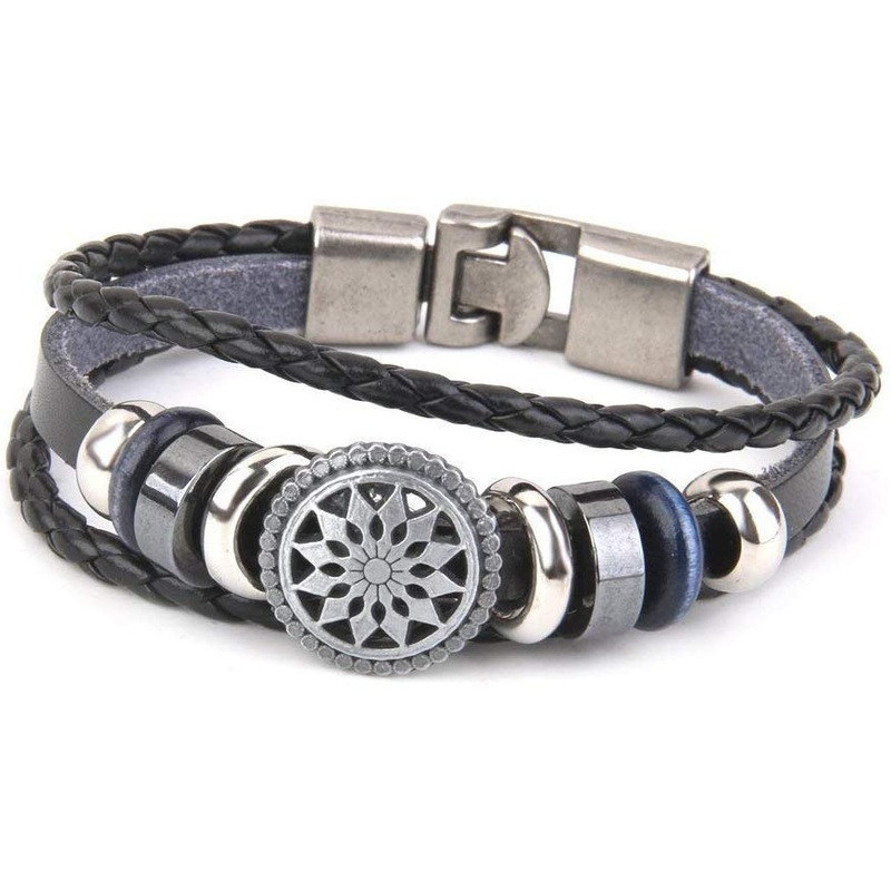 Electomania Sun Flower Bracelet Handmade Leather Bracelet Metal Vintage Engraved Bracelet Wristband for Men and Women (Black)