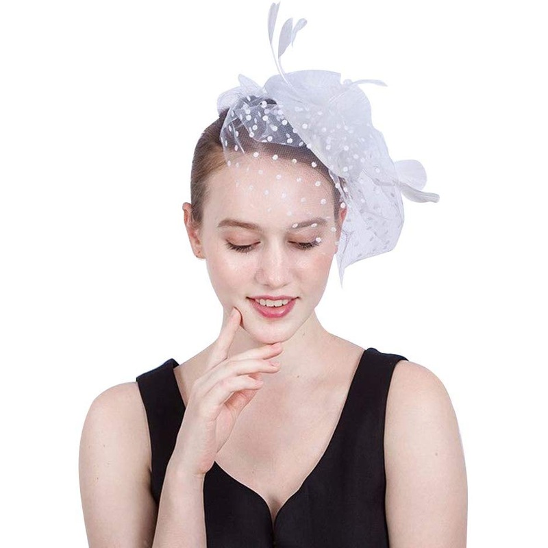 Electomania Unisex Cortex Retro Style Bird Cage Mesh Face Veil Feather Fascinator Hair Clip (White)