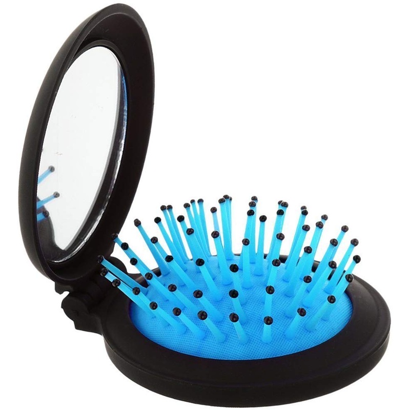 Electomania 2 in 1 Round Folding Hair Comb Massage Brush Mirror Healthcare Blue