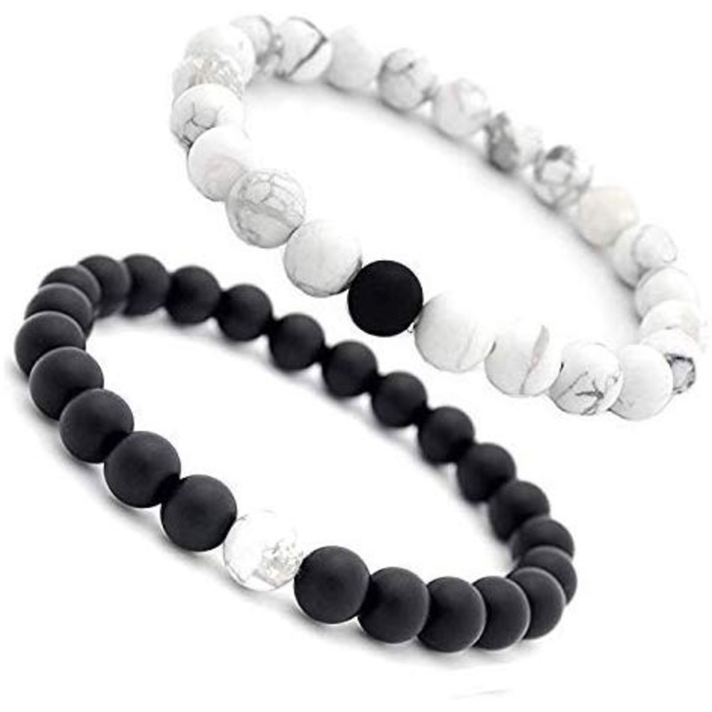 Electomania  2Pcs 8mm Dumb Black Frosted & Natural White Pine Couple BraceletBracelet Elastic Natural Stone Yoga Bracelet Bangle