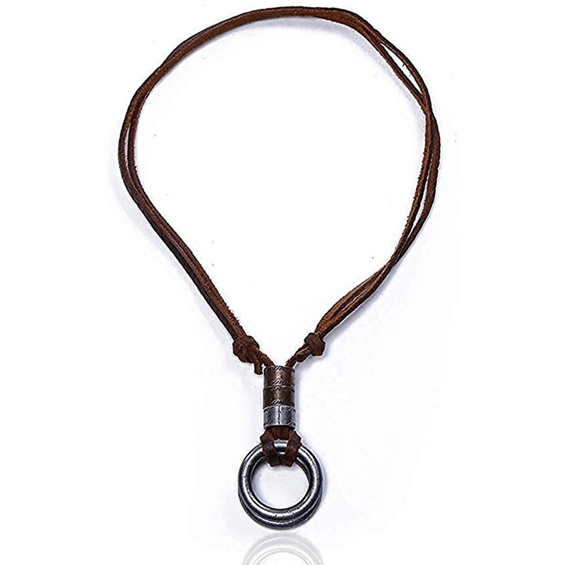 ELECTOMANIA Cortex Brown Vintage Double Ring Pendant Adjustable Leather Cord Necklace for Men and Women