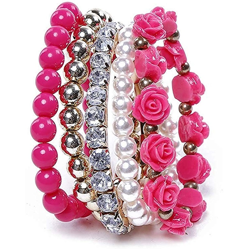 Electomania Multilayer Beads Wrap Bracelets Stretch Women Girls Teen 5 Pcs/Set Acrylic Rose Flower Round Pearl Bangle Charm Jewelry