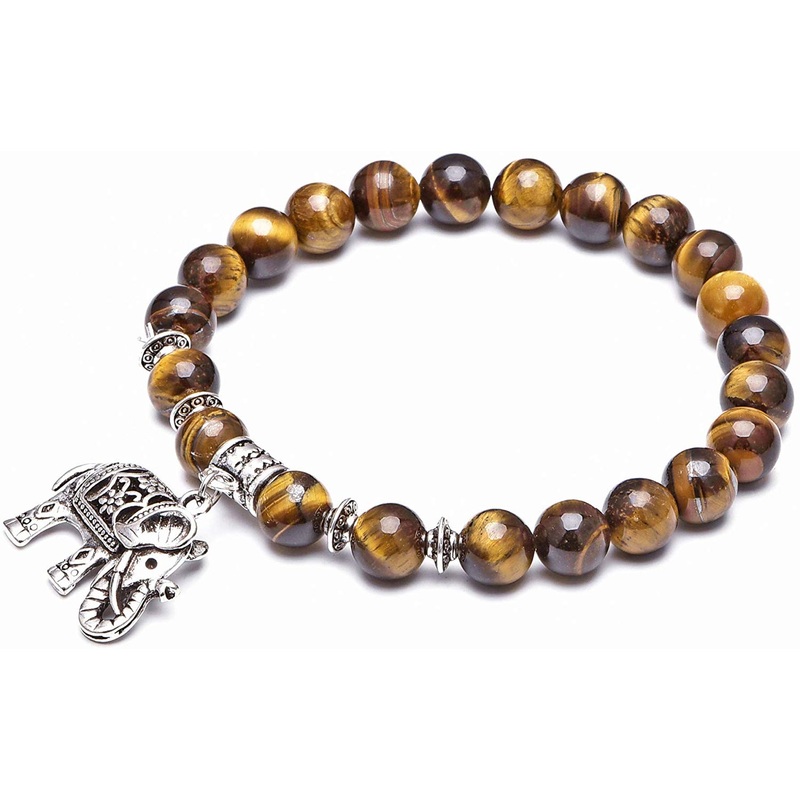 Electomania  Retro ethnic style 8mm yellow tiger eye stone elephant bracelet single ring Buddha beads hand string