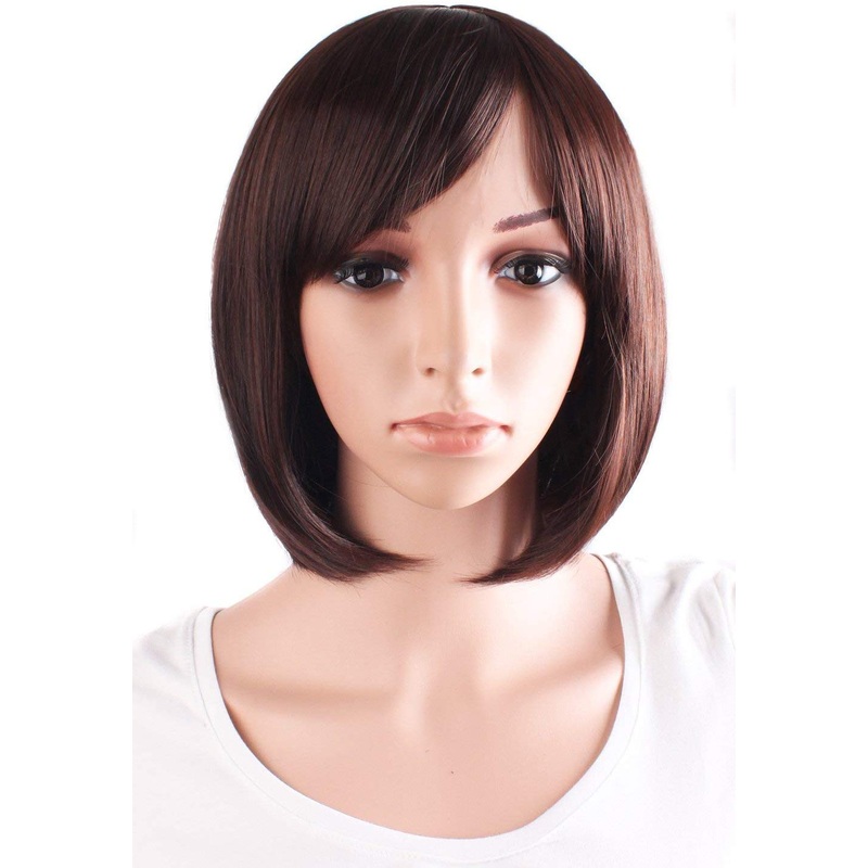 Electomania Short Wigs Brown Wig for Women with Bangs Micro-curved Synthetic Wig Natural As Real Hair