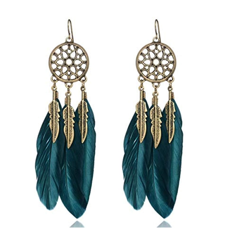 Electomania Feather Tassel Earrings Bohemian Style Down Long Vintage Fish Hook Earrings for Women Girl 1 Pair (Dark Green)
