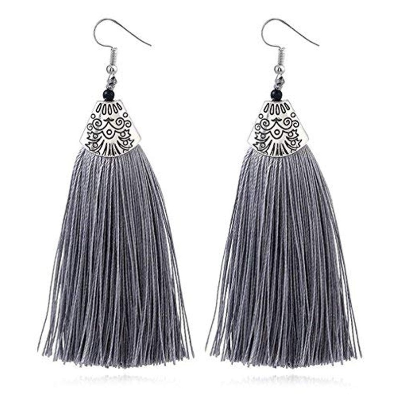 ELECTOMANIA Grey Silk Thread Tassel Long Earrings for Women