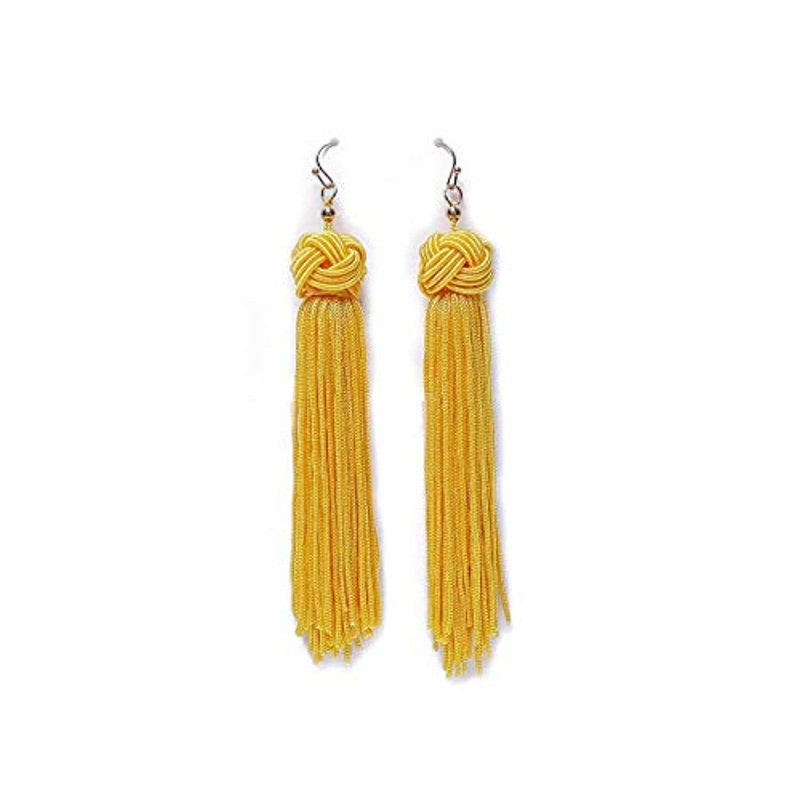 Electomania  Knotted Extra Long Fringe Silk Tassel Drop Shoulder Duster Statement Earring (Yellow)
