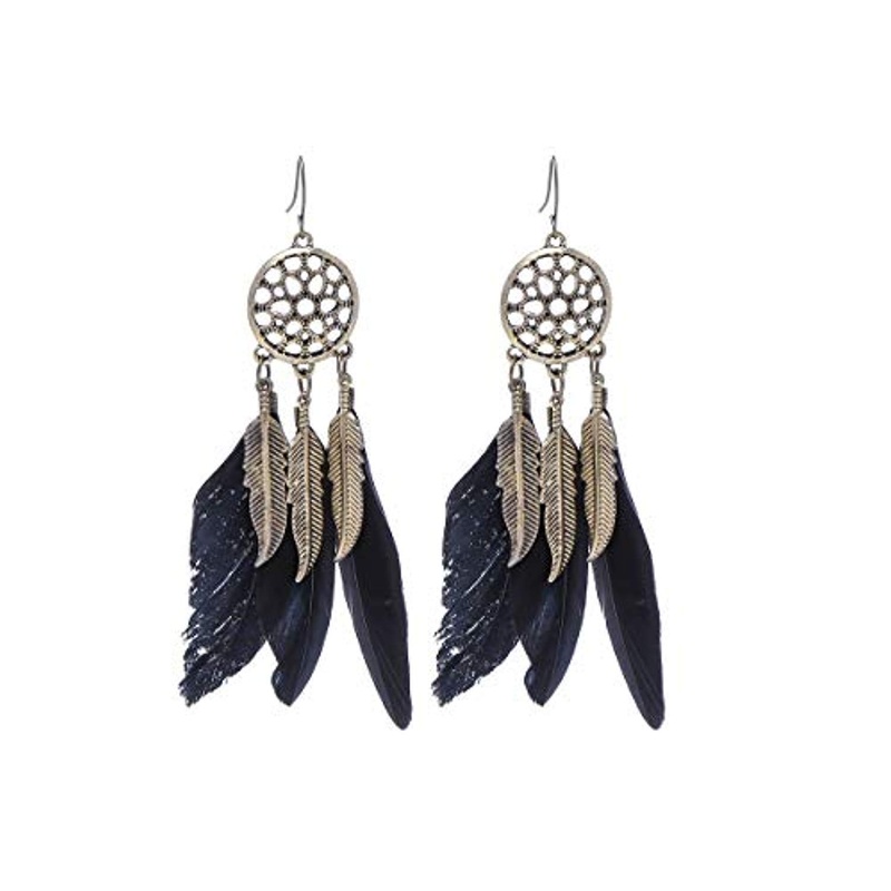 Electomania  Women’s Feather Earrings Bohemian Style Vintage Long Tassel Earrings for Wedding Gifts 1 Pair (Black)