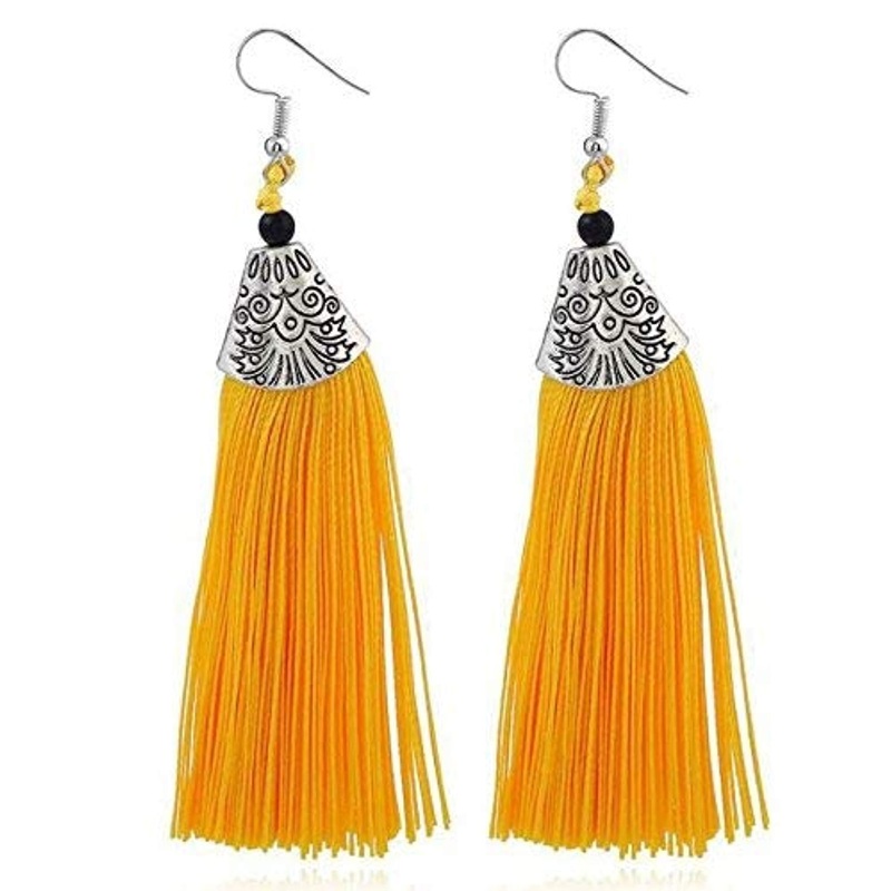 ELECTOMANIA Yellow Metal Jewellery Thread Tassel Long Earrings for Women