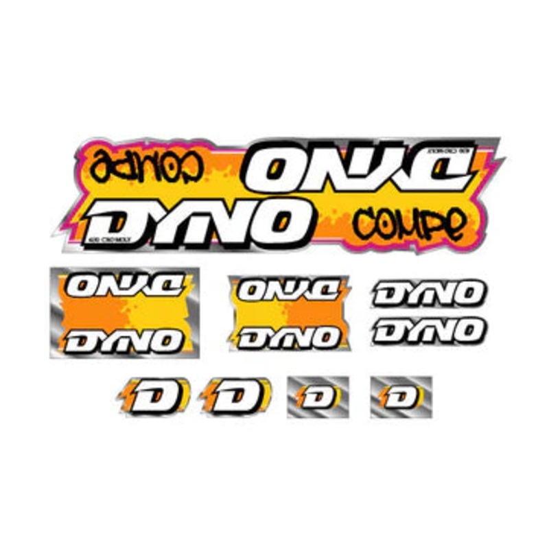 1988 DYNO Compe Decal Set|Orange / Yellow with Chrome Background|Pink / Blue with Clear Background